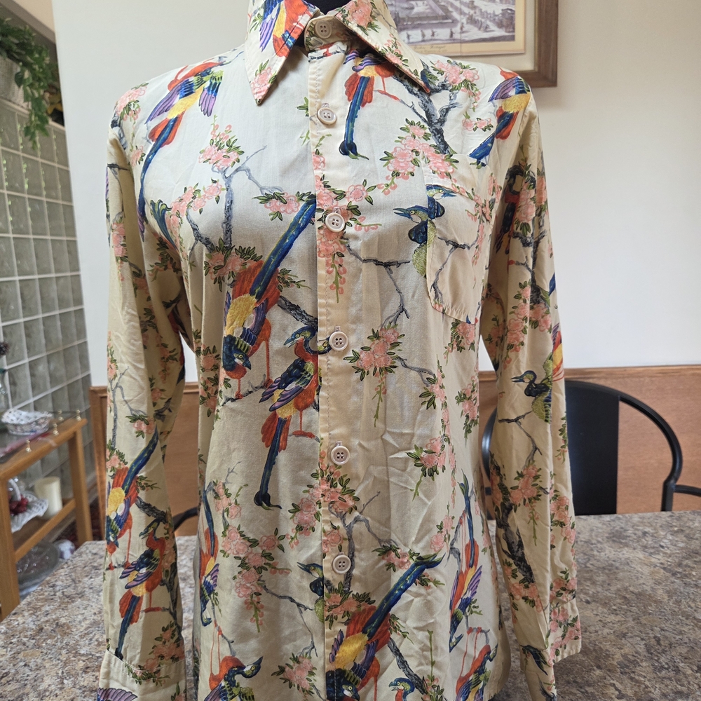 Colorful Bird Print Button-Up Shirt